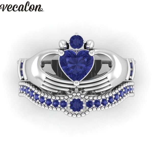 Влюбленные векалон Blue Birthstone Claddagh Кольцо 5A Циркон CZ Белый золотой обручальный обручальный кольцо для женщин для женщин подарок 4785630