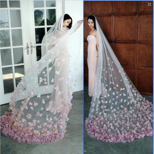 Véils de noiva Pink Casamento floral Véils 2m 3m Custom fez uma camada Aplique Vata de noiva Aplique Veil Veu da Noiva Véu de Casamento 225h