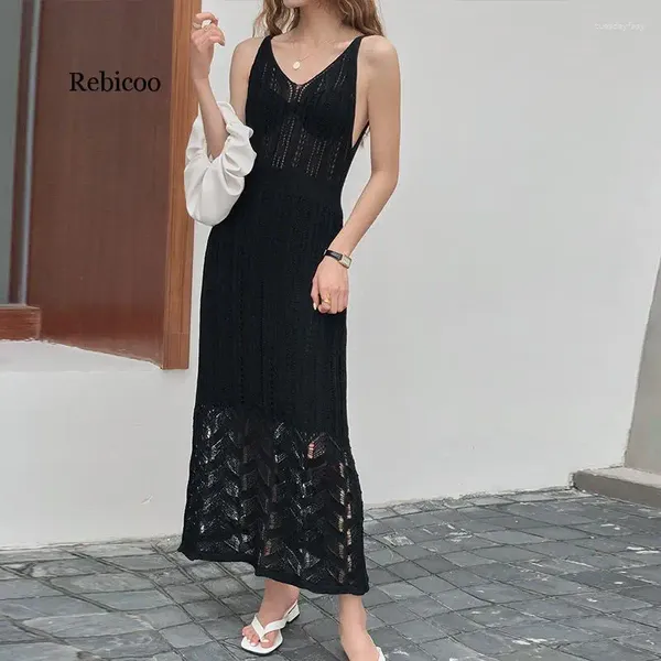 Lässige Kleider Sommer Frauen sexy weiß gestrickte Hohlauslöser Maxi Pullover Kleid elegante weibliche schwarze ärmellose lange Party