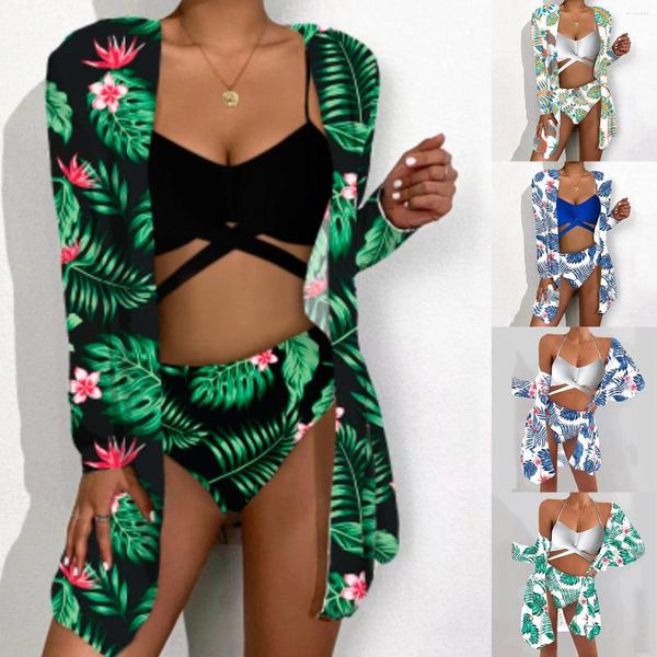 Mulheres 3 PC Ternos de banho Ternos de banho Floral Impresso Biquíni Split com protetor solar de manga longa Cardigan Coverp ups High Swimsuits de cintura