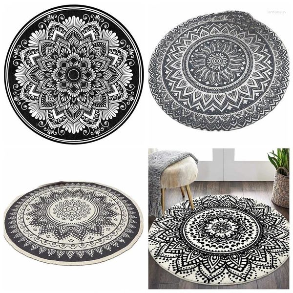 Tappeti in bianco e nero chic mandala bohémien con nappe rotonde tappeti in flanella circolare moquette lancio interno per la camera da letto soggiorno