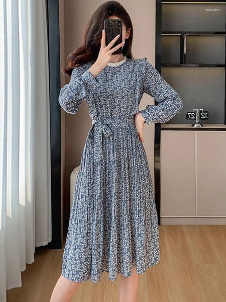 Lässige Kleider blau Blumenchiffon Holiday Dress 2024 Frauen elegant Verband lang mit Ärmeln Frühlingskoreanische Bodycon Chic Nacht