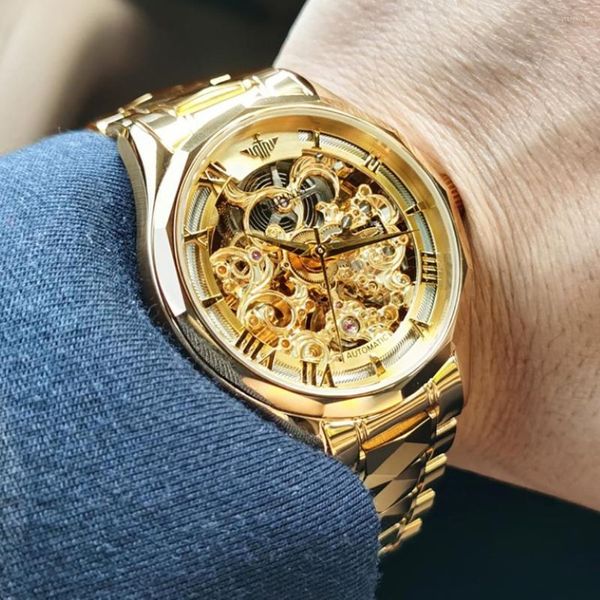 Avanadores de pulso Switzerland Opinke Men Luxury Watches Gold Skeleton Mechanical Watch Automatic Sapphire impermeável Watchwatch Montre Homm 2818