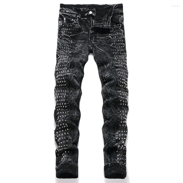 Herren Jeans Männer Punk Niete Black Denim Streetwear Slim Straight Stretch Hosen Spleißhosen Hose