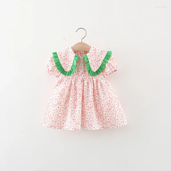 Vestidos de menina vestido de verão bebê big boneca colarinho de colarinho correspondente de renda coberta em mangas de bolha floral princesa