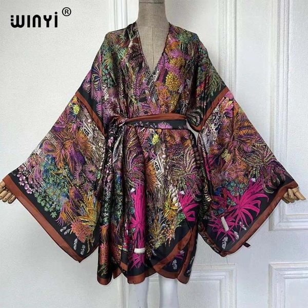 Kimono Africa Summer Prant Dress Beach Wear Женские кардиган праздничные шелковые наряды с длинным рукавом