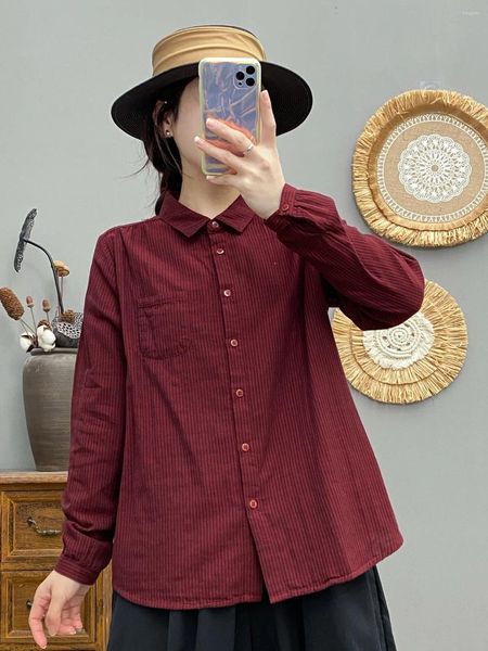 Blusas femininas algodão camisa listrada vermelha escura e feminino design vintage de manga longa lapsos verticais listras de primeira linha feminina