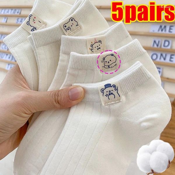 Frauen Socken 5 Paare süße Bärin weiße Mädchen niedrig geschnittenes Baumwollmassivgewebe Etikett atmungsaktiv