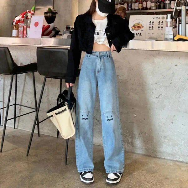 Frauen Jeans Bule Smile Stickerei gerade hohe Taille Frauen Streetwear Lose All-Match lässige Vintage Wide Bein Denimhose gewaschen