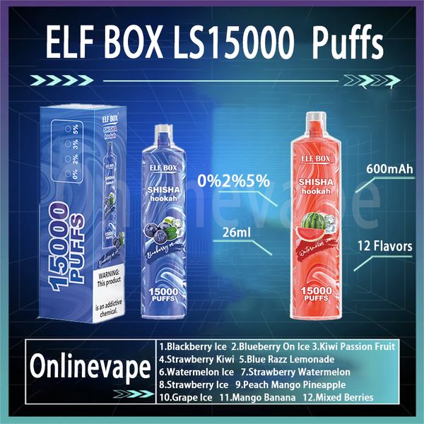 Elf Box LS15000 Puff Shisha Hookah 0% 2% 5% recarregável 12 sabores