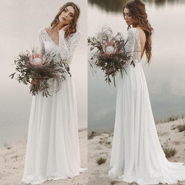 Abiti da sposa in spiaggia in campagna 2020 a-line in pizzo in chiffon in pizzo a V con maniche lunghe Abito da sposa drappeggiato senza schienale con corpetto illusione 256m