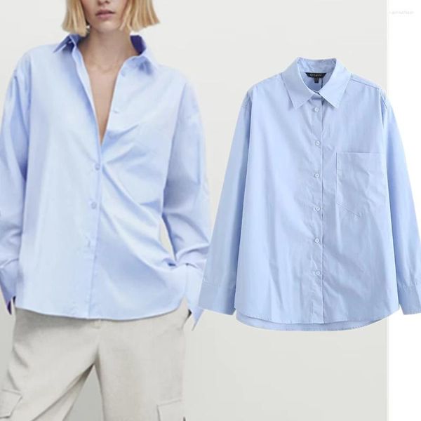 Camicette da donna Maxdutti Shirt casual della moda britannica 2024 Autunno Donne retrò vento di cotone grande tasca sciolta blu sciolto