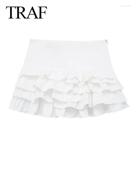 Saias de moda feminina Fashion Vintage White High Caist Ruffle Salia Mulher 2024 Summer Zipper Folds Slim Sweet Mini Mujer