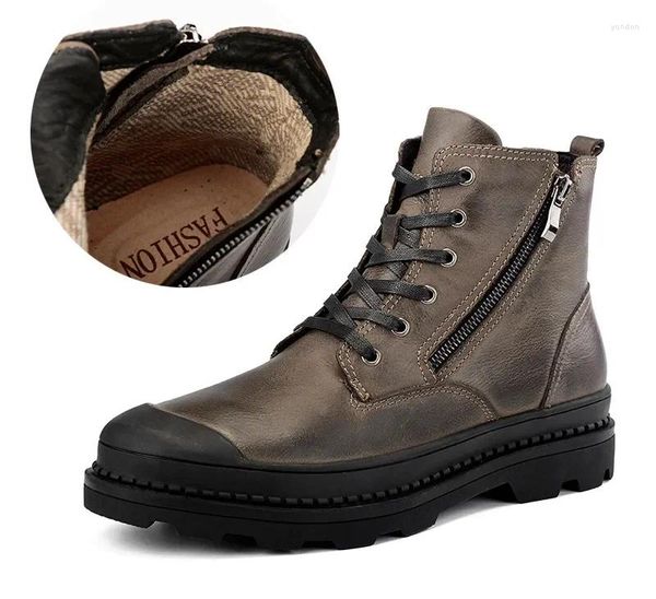 Сапоги кожа для мужчин ручной головы туфли для походов туфли для шнурки на боковой платформу Zipper Palling Platform Botas Militares hombre