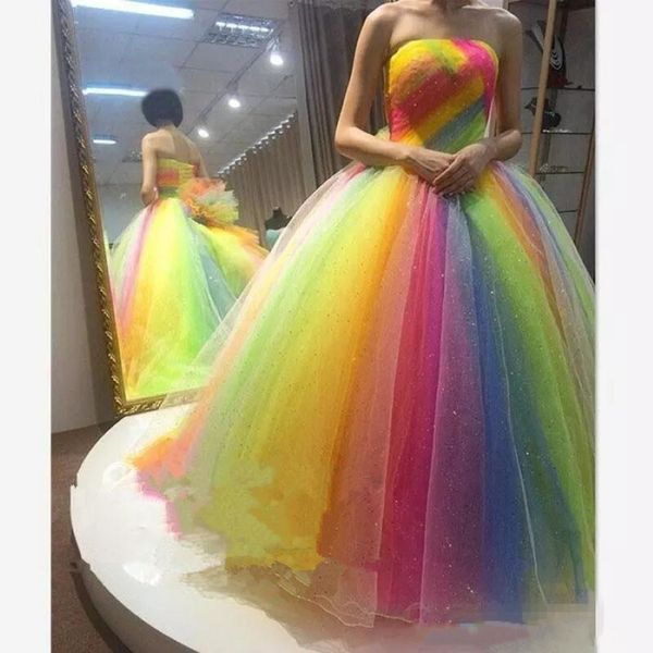 Vestidos de baile de arco -íris coloridos com miçangas pescoço tule longa vestidos de noite barata festa de dama de honra de concurso 260r