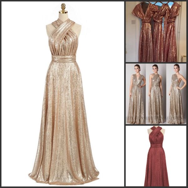 Sparkly Convertible Gold Sequin Perfein платья невесты A-Line Long Maid Honor Dress Multiway Wedding Party Howns 2414