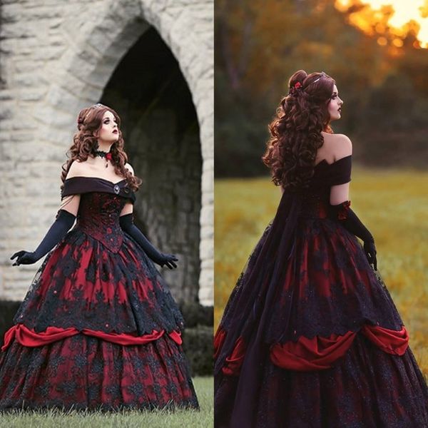 Abiti da sposa in pizzo rosso e nero Vintage 2022 Due strati Skirt dalla spalla Rhinestones Abito da sposa principessa Vestidos de noni 258q