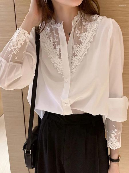 Blouses femininas camisas de verão femininas de renda de renda chiffon blusa de manga longa de sede de seleção elegante e elegante lady tops quimise de estilo coreano