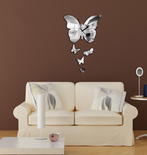 Relógios de parede Butterfly 3D Espelhado Adesivo redondo TV DIY adesivos de fundo da sala decoração Decoração do banheiro da casa de banheiro8864789
