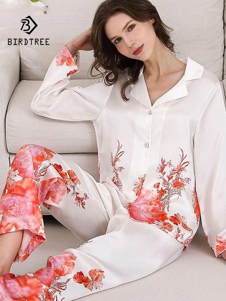 Home Clothing Birdtree 19mm Real Silk Pyjamas Set Women Blume bedrucktes lässig Mode Retro Schlaf Homewear 2024 Spring S439105QC