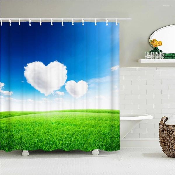 Tende per doccia Sunny Sky Clouds Green Grass Scenery in tessuto stampato 3D decorazioni per bagno impermeabile con ganci 180 200 cm