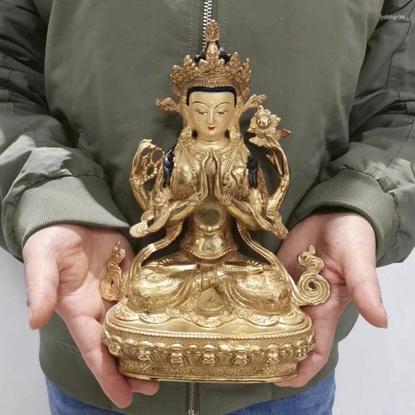 Dekorative Figuren Großhandel Tibet Buddha Statue vergoldete Anbetung Vierarmiger Avalokitesvara Bidhisattva Guanyin Familie Schutz