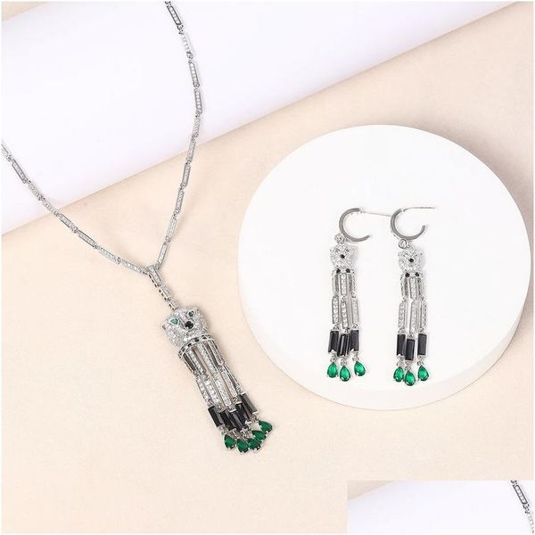 Brincos colar de colar coleção de moda moda feminina lady lady fl flam diamante leopardo cabeça verde cúbico zircão em forma de pêra tassel dhbxe