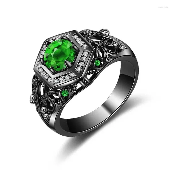 С боковыми камнями Seanlov Fashion Black Gold Color Green Rings для женщин -ювелирных украшений Vintage Punk Hollow Cross Design Party