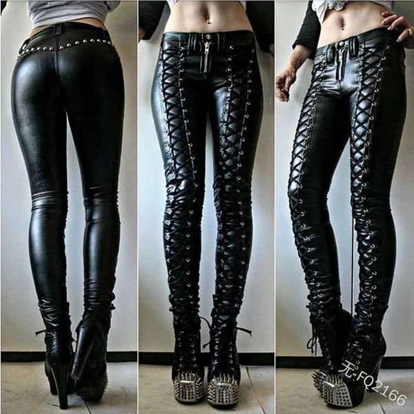 Calças masculinas Punk Gothic PU Couro Lápis Hip Push Sexy Tight Lace com Rivet Zipper Solid High Wasper Womens Plus Sizel2405