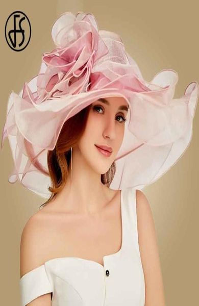 FS 2019 Pink Kentucky Derby Hat for Women Organza Sun Hats Flowers Flores de verão elegante Brim Ladies Igreja de casamento Fedoras Y28882905