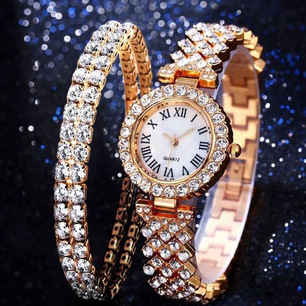 Luxury Fashion Diamond Quartz Watch Double Bracelet 2pcs Conjunto de presentes requintado Fábrica de fábrica Womens Women Wristwatches 179o