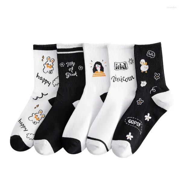 Frauen Socken schwarz weiße Farbe Stickerei süße Harajuku Tier Crew Baumwolle Happy Cartoon Calcetinen Meia