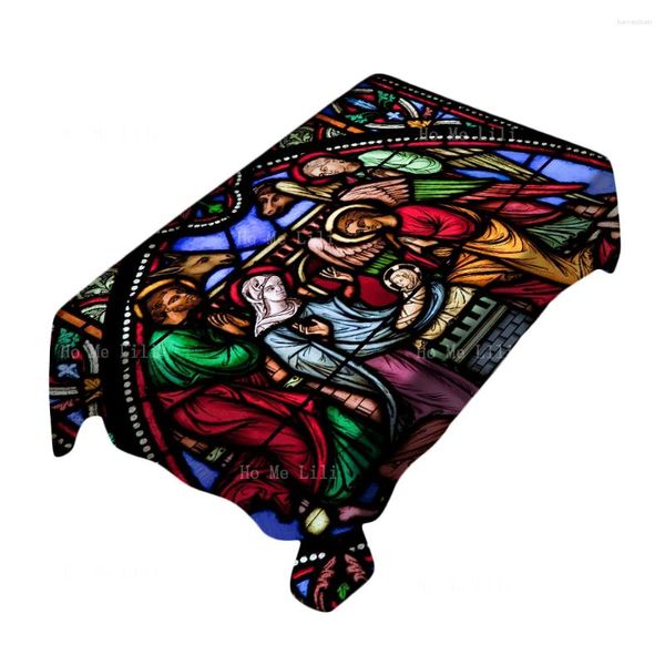 Tavolo stoffa di cristianesimo arte la scena della natività si trova in una vecchia casa brillanti pannelli vetrati di vetro.
