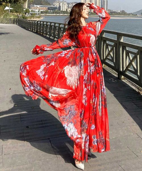 Ethnische Kleidung neuer Modemodus Pfauendruck Maxi Kleid Frauen Sundress Abaya Dubai Hijab Chiffon Muslim Kleider Afrikanische Türkei Islam Kaftan Robe T240510