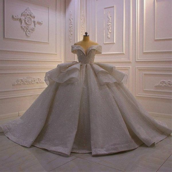 Vestidos de bola com mangas de ombro elegantes vestidos de noiva 2023 Luxy deslumbrante vestido de camada glitter vestido de novia vestidos de noiva 236n