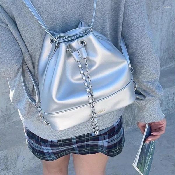 Bolsas escolares XIUYA Silver Fashion Backpack Leather Coreano Summer Simples Smão de ombro Pequeno