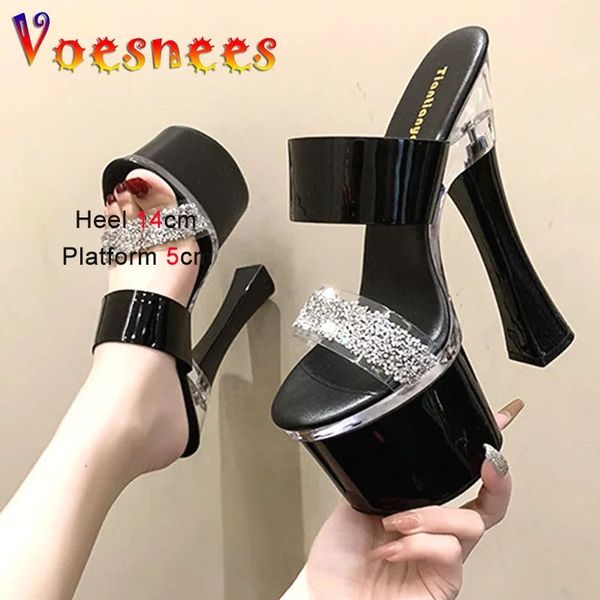 Glänzende Strasssteinmodische Frauen Schuhe Sommerdicke Plattform Sandalen plus Größe Europa und Amerika Pantoffeln Sexy Model High Heels