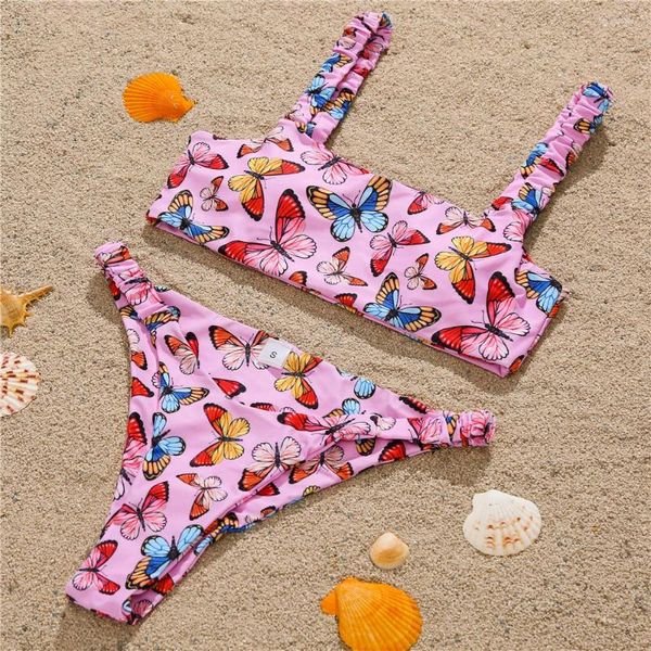 Menas de banho feminina Butterfly Bikini Rosa Telas plissadas femininas Moda Moda Y2K Bathing Swimming Swimming