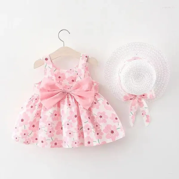 Vestidos femininos vestido floral doce de verão arco de póia princesa para crianças de 0 a 3 anos de nascimentos chapéu 2 pcs conjuntos