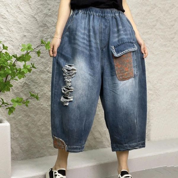 Jeans femininos Mulheres casuais estilo étnico lavado simples rasgado de jeans capri jeans grandes para mulheres tamanho 12