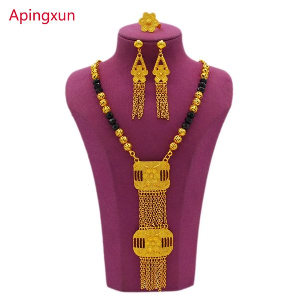 Apingxun Style Dubai 24k Oro Gold Orecchini in pietra nera Anello set da donna africana Arab Weedding Gioielli da sposa 240506