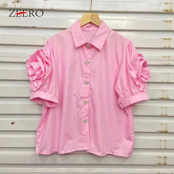 Blouses feminina Mulheres Sweet Pink Apliques 3D Flores camisas de verão feminino mangas curtas y2k tops soltos chiffon fairycore blusas blusas