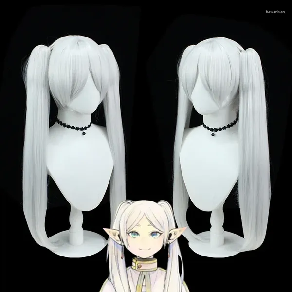 Supplência de festa Frieren Cosplay Wig Anime Silver White Double Ponytail Rail