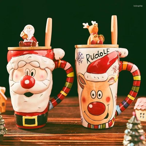 Xícaras pires 600ml Big Christmas Canecas Canecas de canecas Cerâmica de desenho animado com tampa Presentes para crianças Decoração de Natal feliz ano