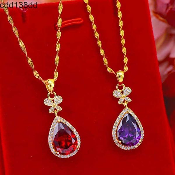 Colares pendentes moda moda lasca vermelha/roxa zirconia 18k ouro amarelo preenchido belo colar jóias de colar de cadeia pendente