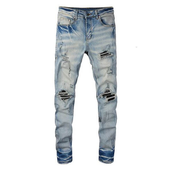 Herren Cracked Leder Faltene Patch Fahrrad Jeans Street Kleidung elastische Denim Leggings Löcher Tränen Schmerz Die Hose 240508