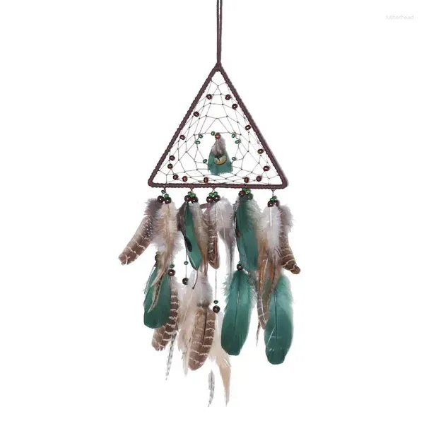 Figurine decorative Triangle Dream Catcher Natural Feather Green Ornamenti sospesi incubi Decorazione Chimes Wind Chimes Art Wall Art