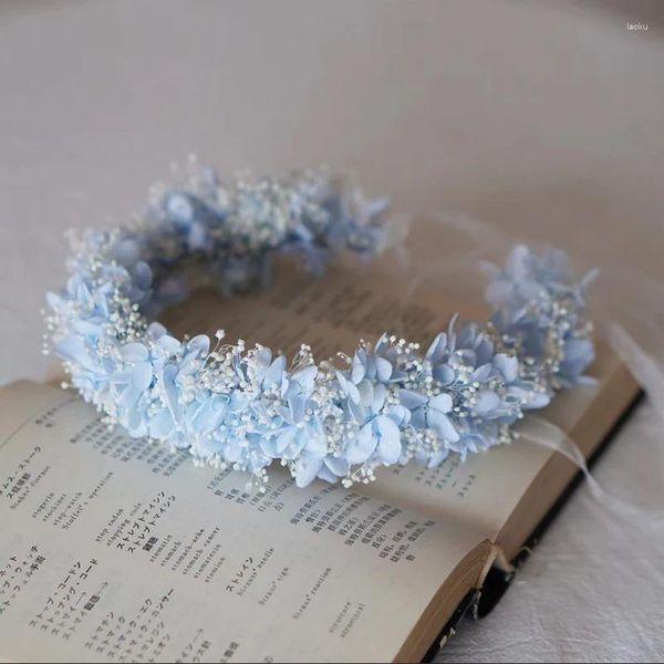 Fiori decorativi fatti a mano Gypsophila blu conservata a mano Blu Bridal Bridal Crown Wedding Flower Girl's Decorazioni per il compleanno per bambini