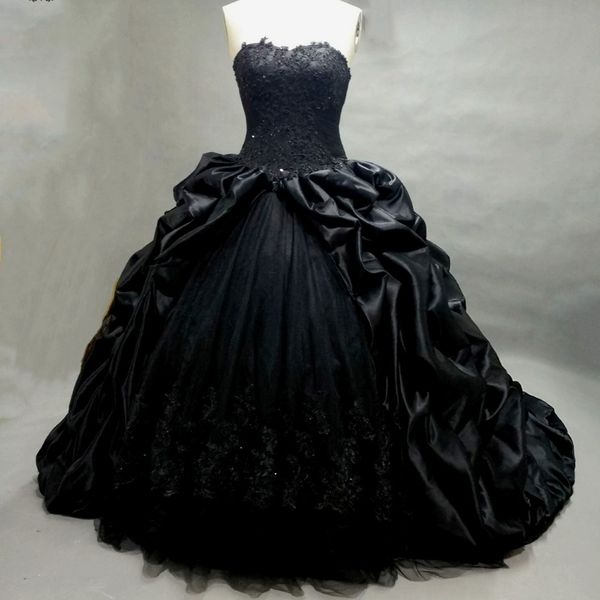 Ball Hown Princess Gothic Black Wedding Plays Милая бисера, апполленные аппликации Taffeta свадебное платье Robe de Mariee Manche Longue 298x