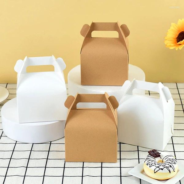 Geschenkverpackung 5pcs Kraftpapier Kuchenbox weiß tragbare Kisten mit Griff Food Dessert Süßigkeiten Verpackungstasche Hochzeits Geburtstagsfeier Vorräte